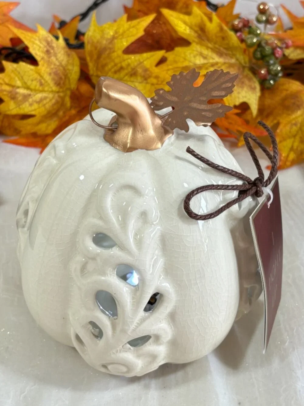 Halloween Fall Cream Crackled Ceramic Pierced Led Light Up Pumpkin Metal Leaf